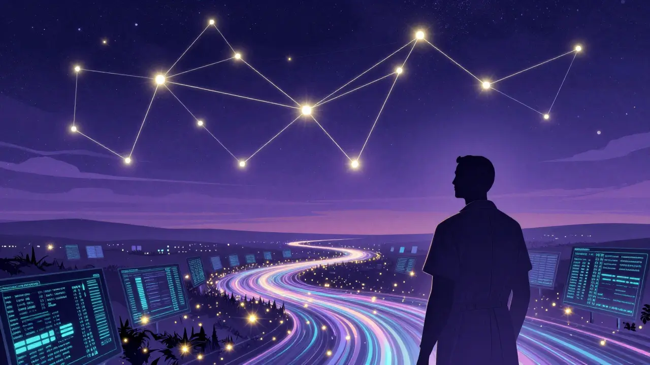 Rappresentazione artistica di una rete globale di dati medici e sorveglianza digitale.