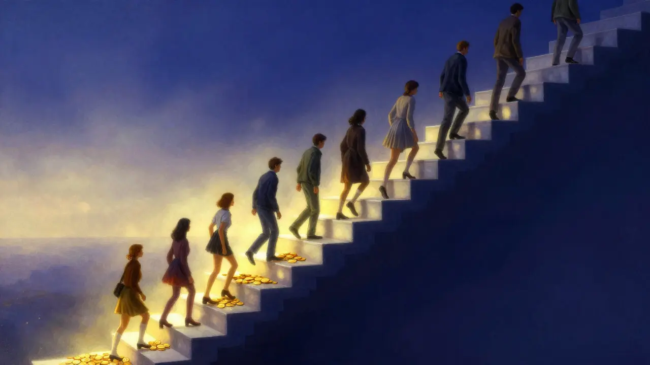 Rappresentazione metaforica dei livelli dei formulari assicurativi come una scala luminosa