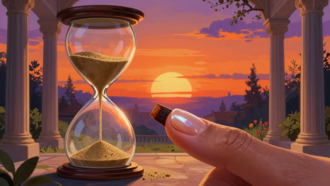 Simbologia della guarigione lenta dell'unghia rappresentata da una clessidra in un giardino onirico.