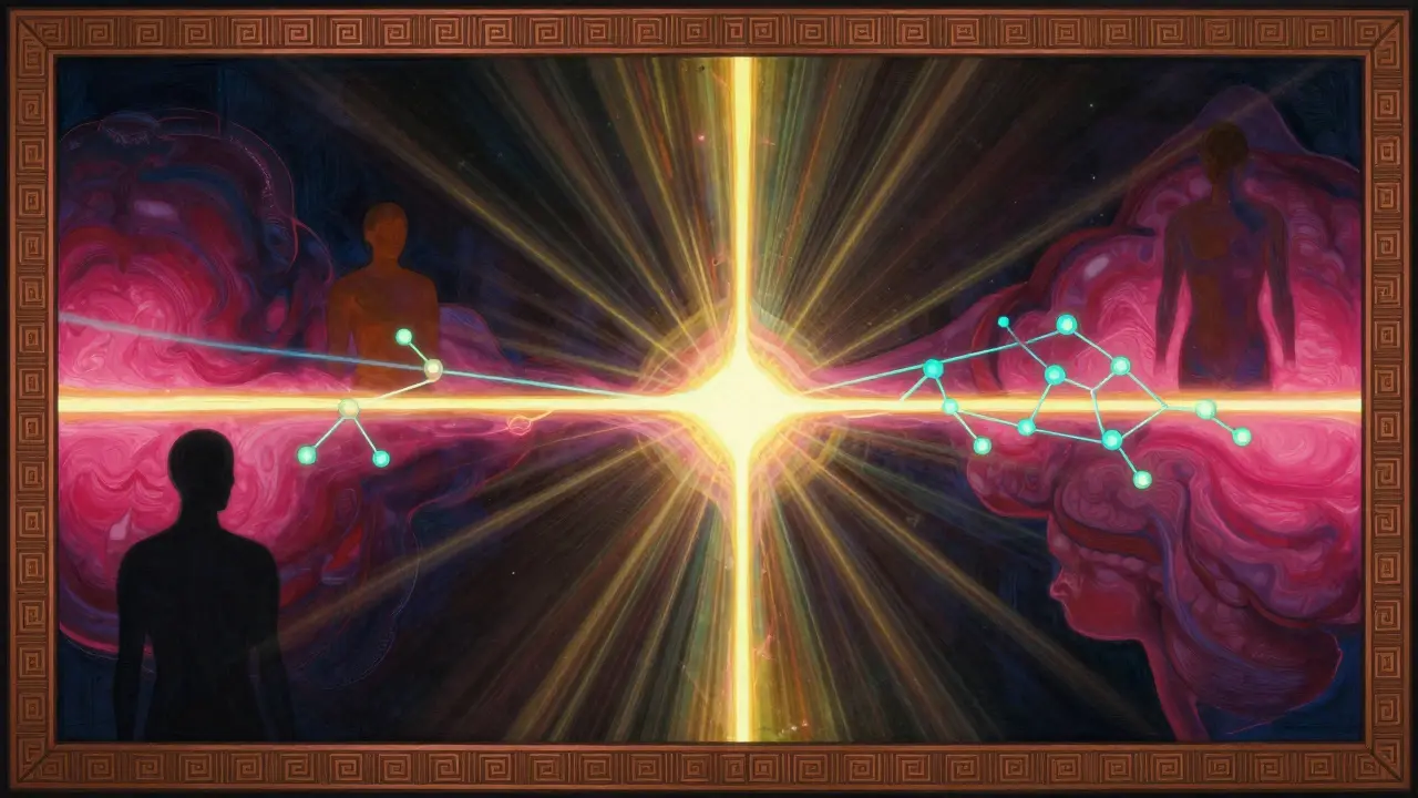 Visualizzazione astratta interazione chimica cerebrale con colori vivaci