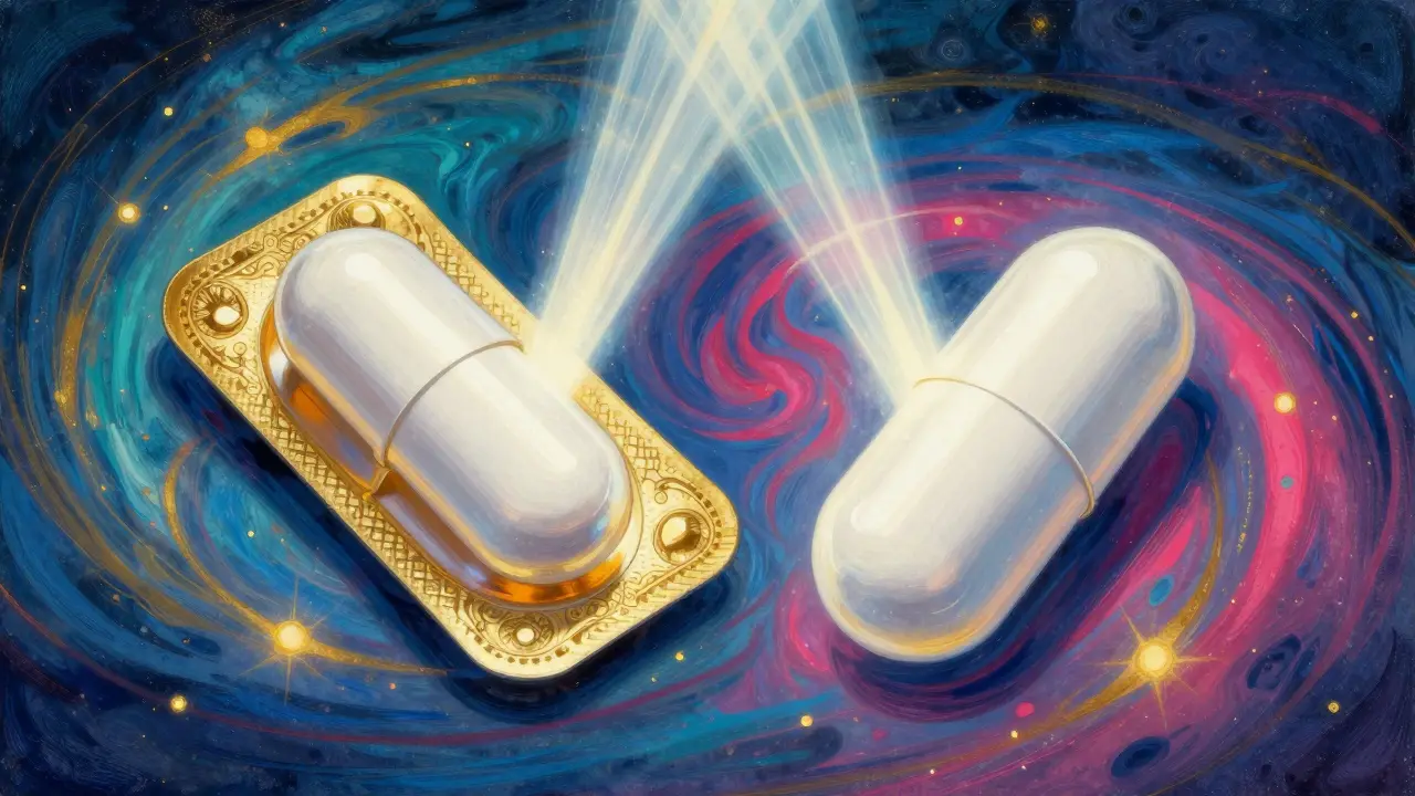 Capsule identiche illuminate da luce dorata che simboleggiano l'equivalenza tra farmaci generici e originali