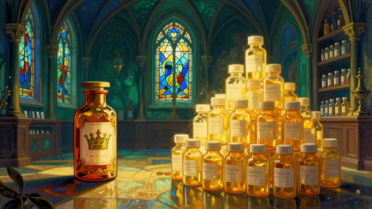 Confronto visivo tra farmaci generici economici e marca