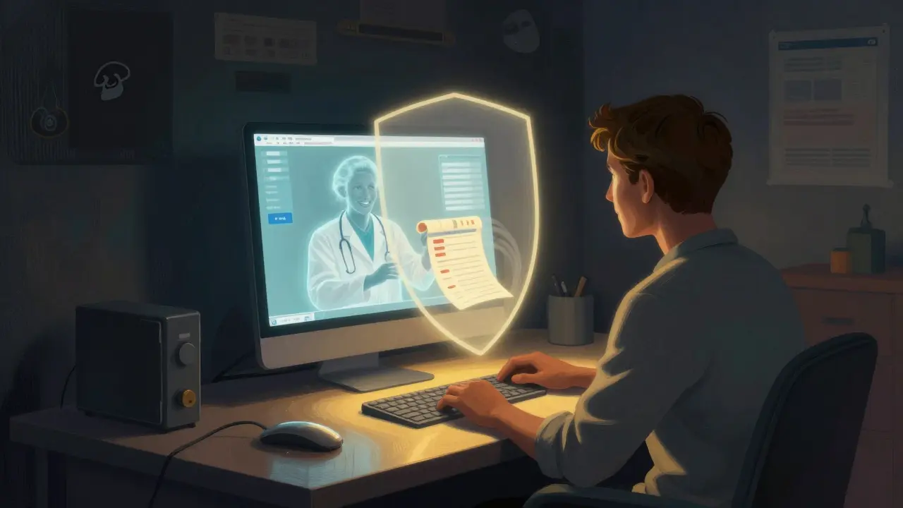 Consulto di telemedicina sicuro su schermo luminoso che respinge le minacce digitali nell'ombra