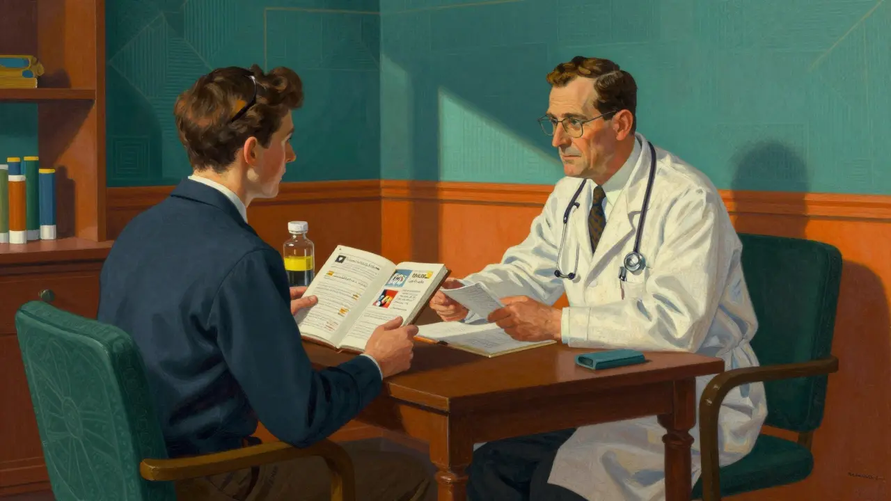 Dottore e paziente in consultazione collaborativa con documenti, stile Maxfield Parrish