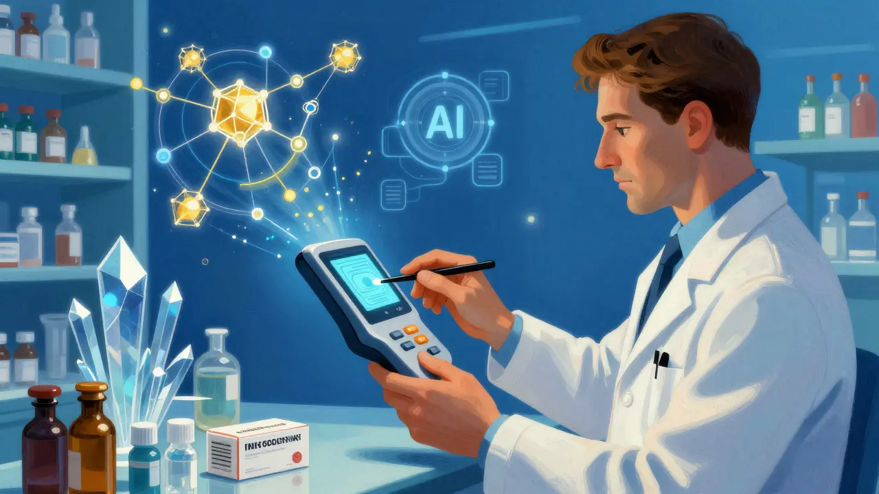 Farmacista che scansiona un farmaco con tecnologia blockchain e AI futuristica