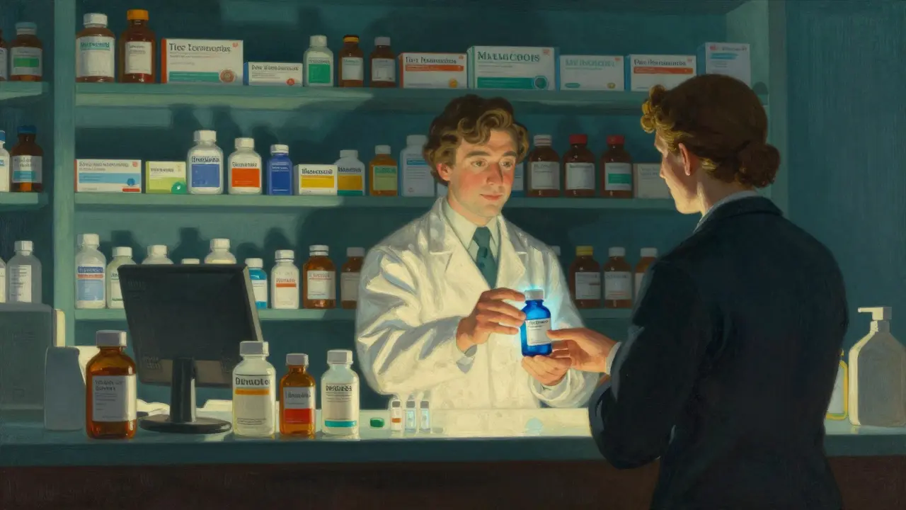 Farmaco generico luminoso su scaffale farmacia in stile illustrativo