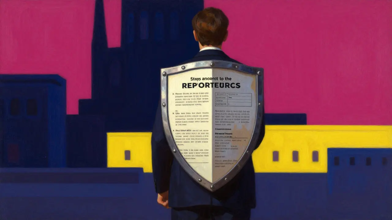 Illustrazione simbolica di advocacy del paziente con scudo di documenti, stile Maxfield Parrish
