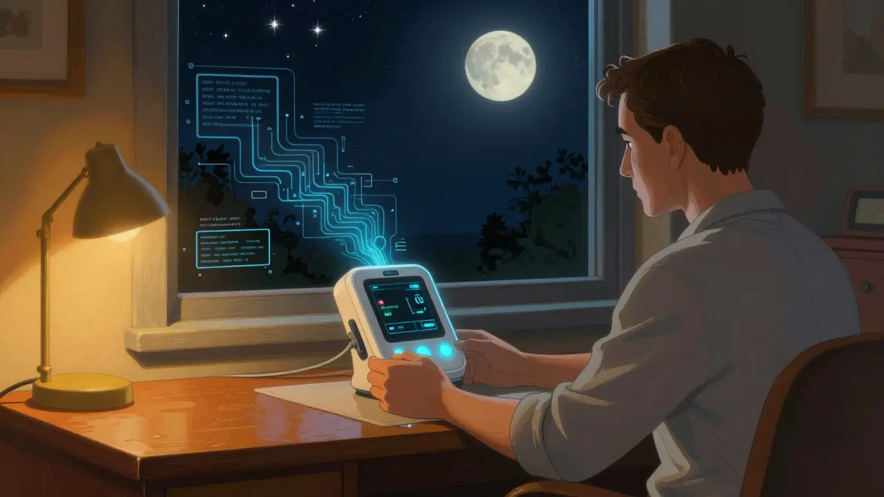 Paziente usa un monitor domestico per l'INR connesso alla tecnologia medica moderna