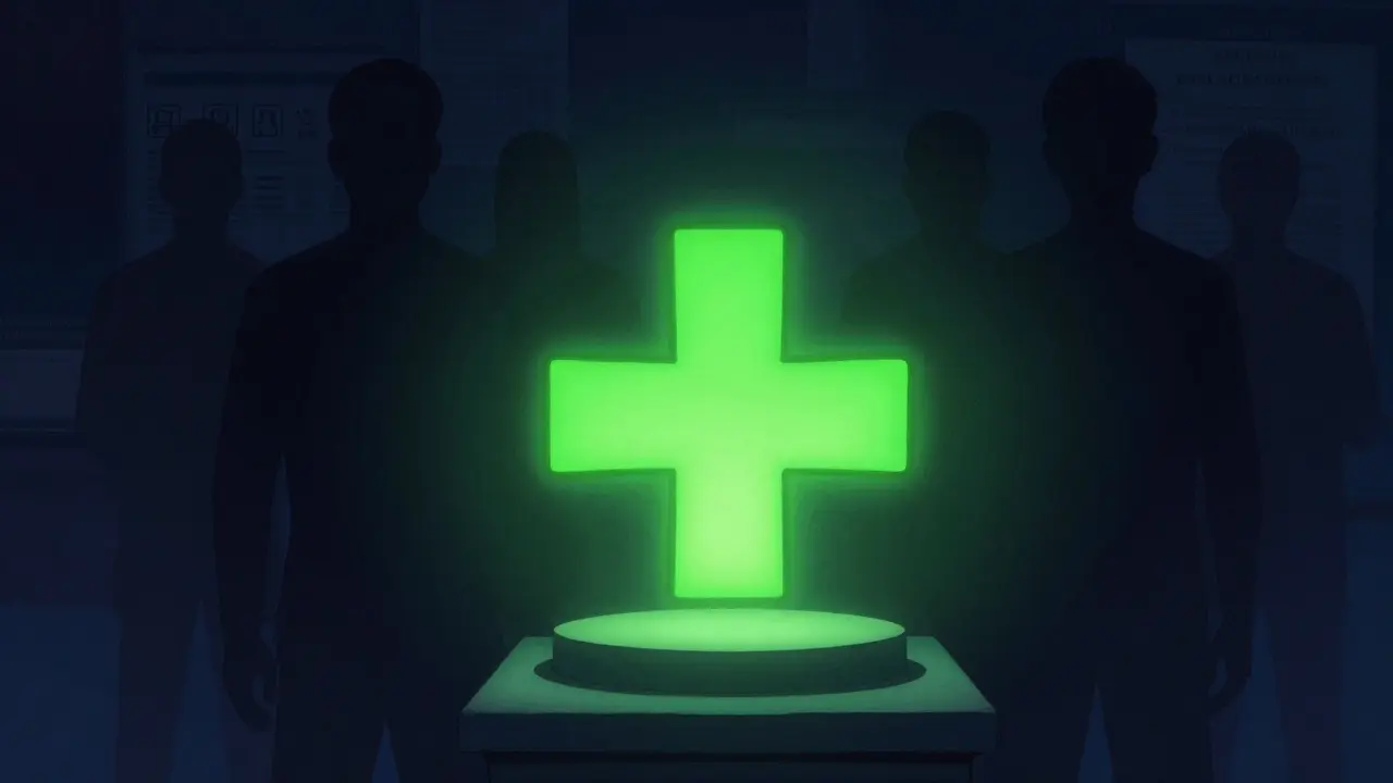 Simbolo verde di farmacia sicura contro ombre oscure, stile Parrish