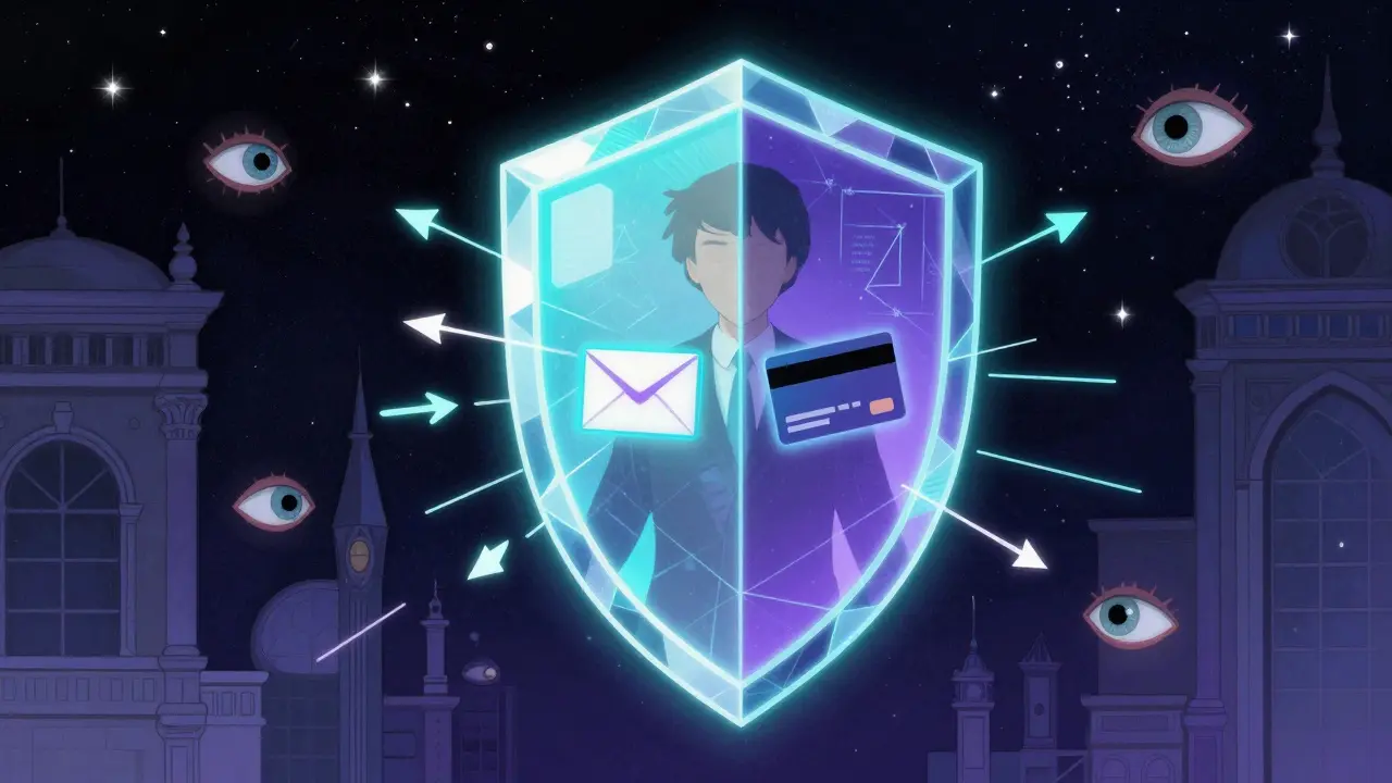 Uomo protetto da scudo digitale contro hacker e furti di dati