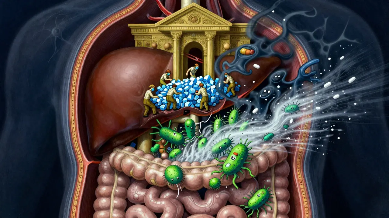 Vista stilizzata del fegato e intestino mostrano come gli antibiotici bloccano il metabolismo