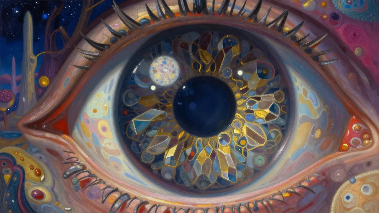 Dettaglio artistico della lente dell'occhio con proteine aggregate