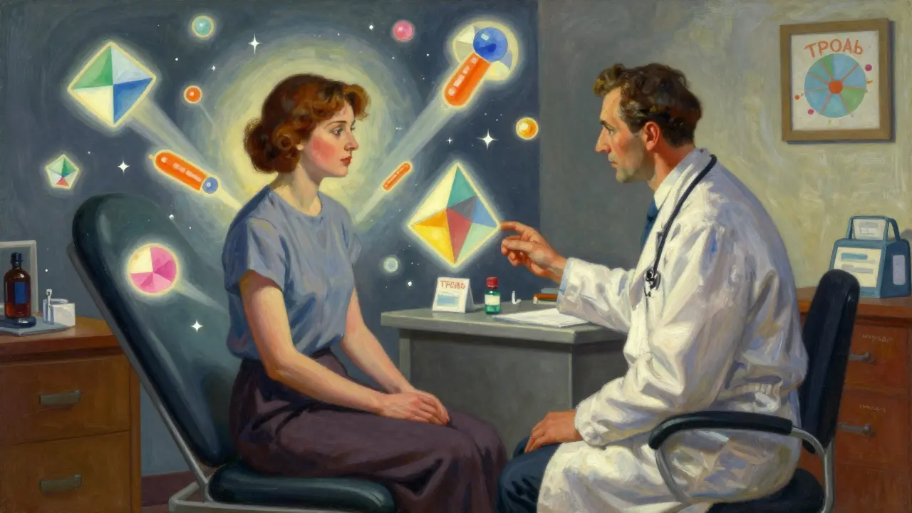 Donna in consulto medico con elementi astratti luminosi