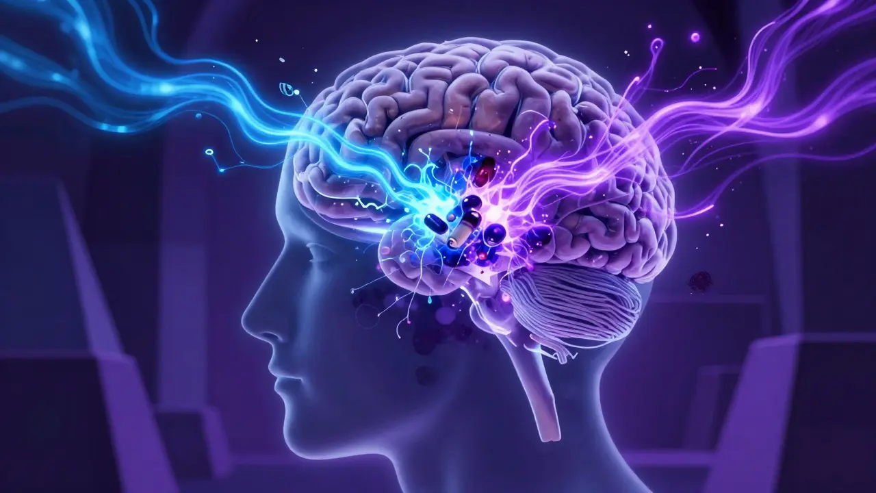 Illustrazione concettuale del cervello sotto effetto di alcol e farmaci