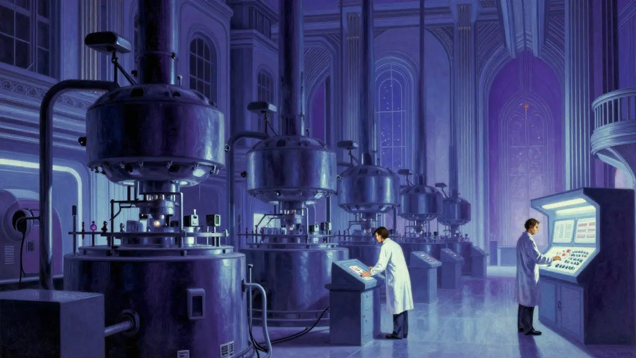 Impianto farmaceutico futuristico con macchine inattive e luci viola