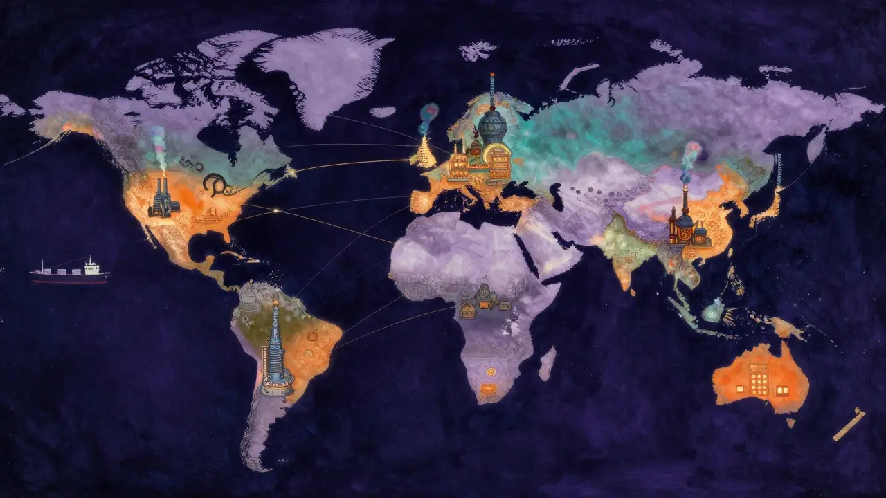 Mappe globali e fabbriche collegate da fili di luce simbolici