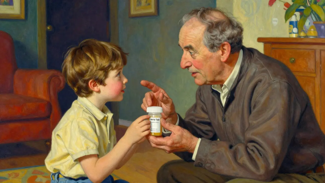 Nonno che spiega la sicurezza dei medicinali al bambino