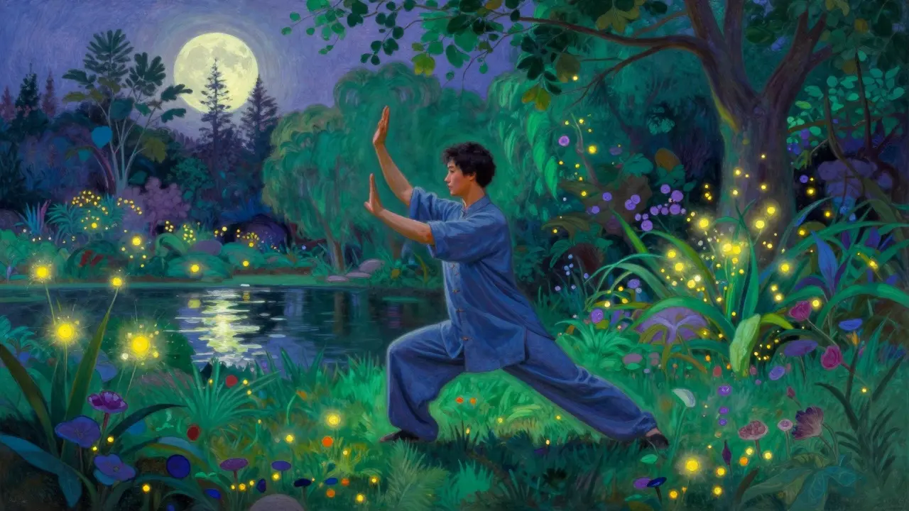 Persona che pratica Tai Chi in un giardino magico al crepuscolo