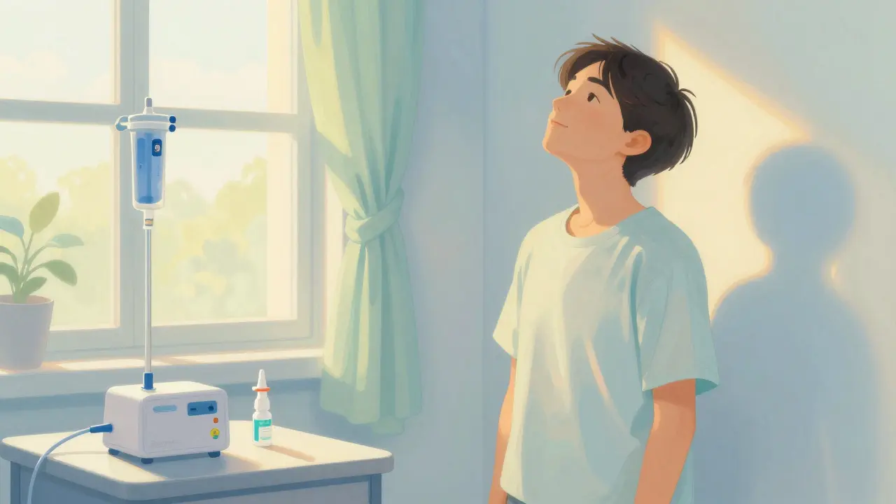 Persona che respira liberamente al mattino con dispositivi di cura