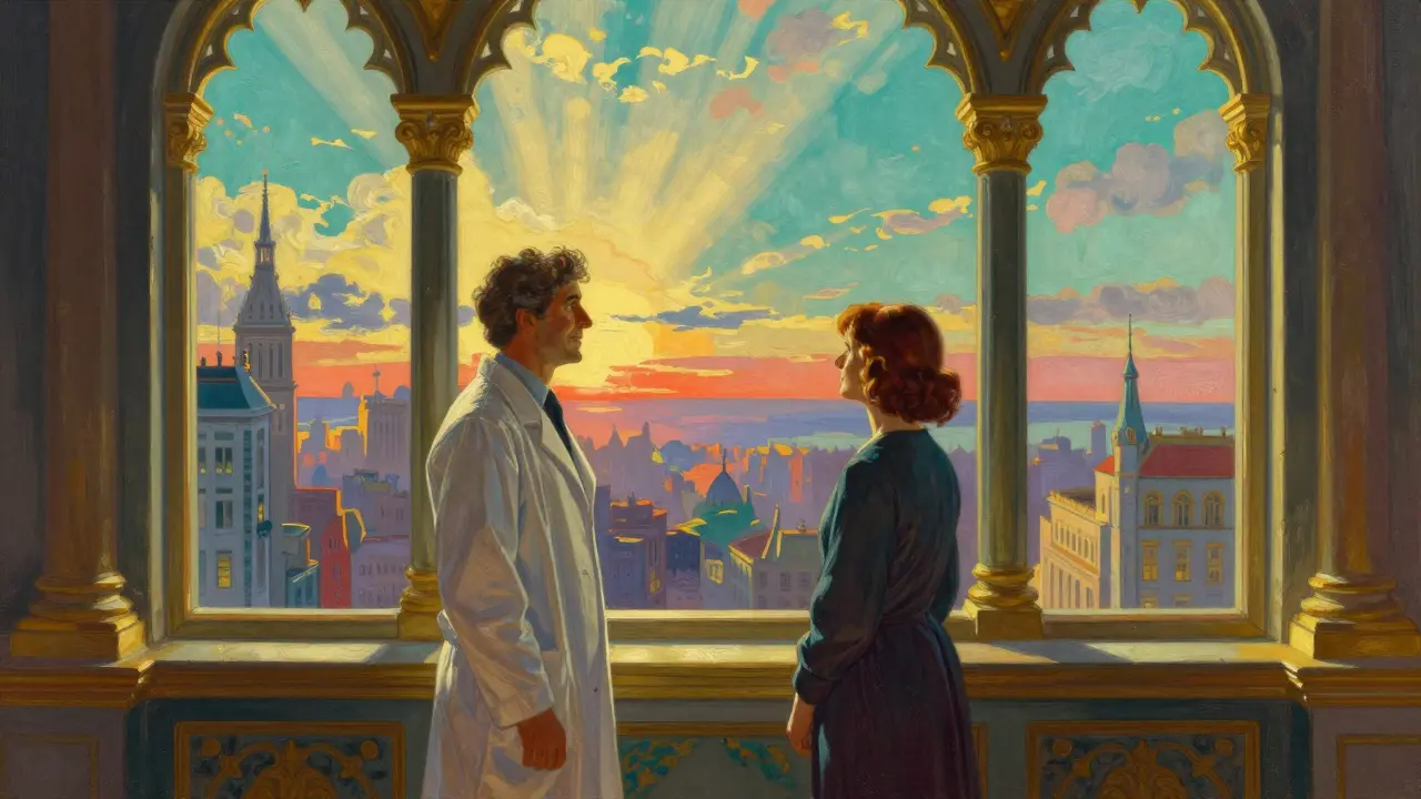 Scena medica ottimistica con luce dorata e architettura fantastica