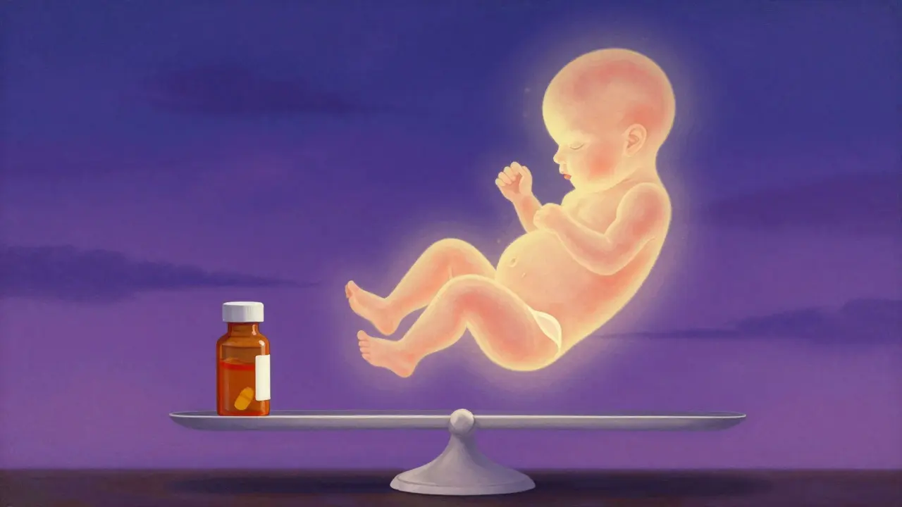 Bilancia simbolica con farmaco e feto sotto cielo viola stilizzato
