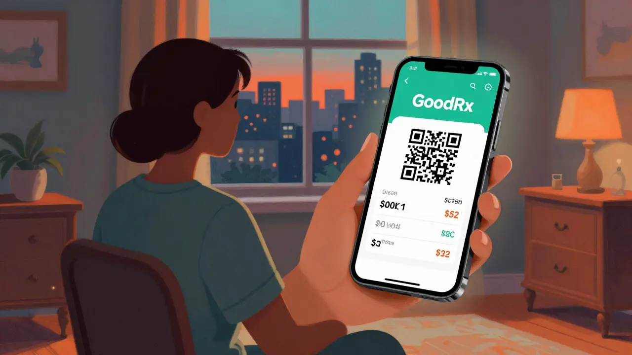 Consumatore che controlla sconti farmaci su app da casa