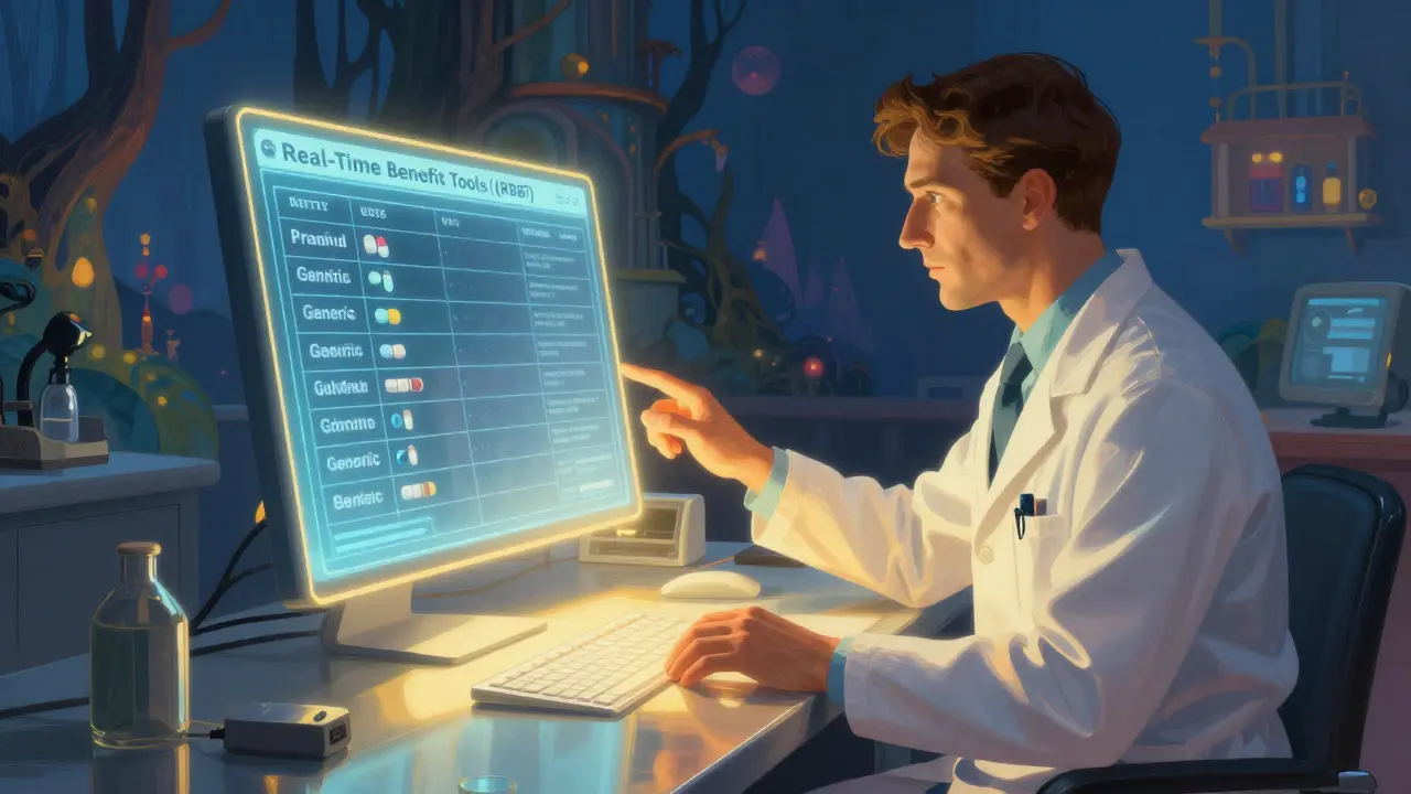 Dottore che usa strumenti digitali per confrontare prezzi farmaci