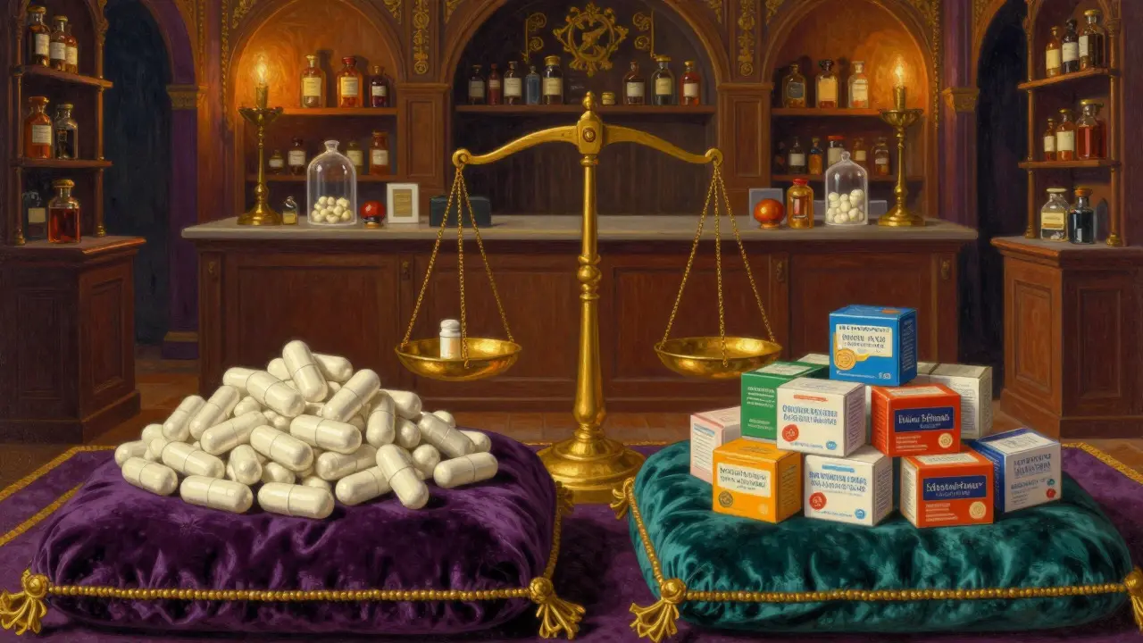 Mercato mistico che confronta farmaci generici e di marca