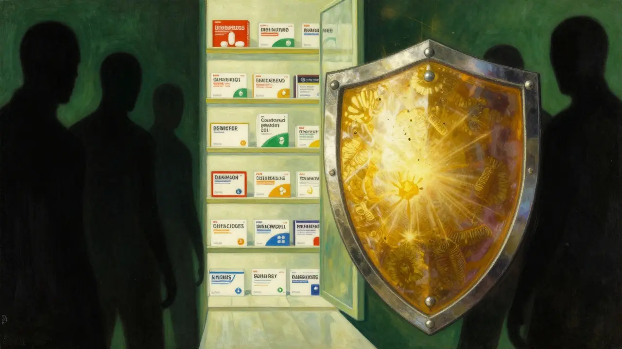 Scudo protettivo contro frodi farmaceutiche in stile Maxfield Parrish