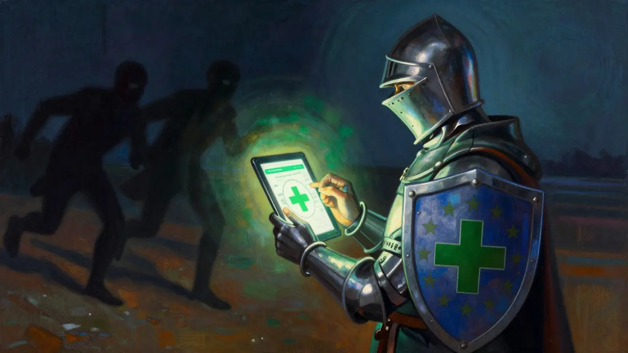 Un cavaliere controlla un tablet luminoso con uno scudo verde, rappresentando la sicurezza online