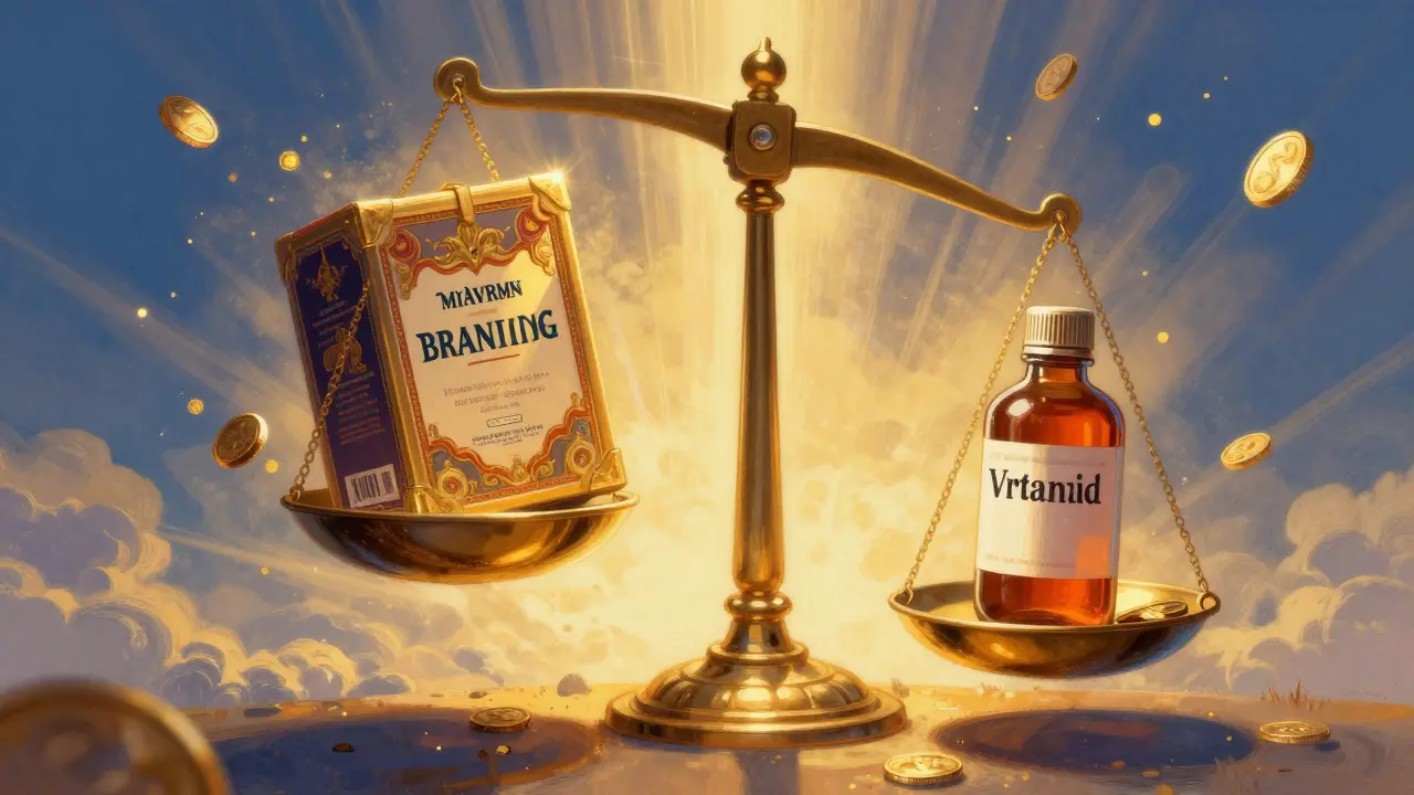 Bilancia stilizzata che mostra il risparmio economico tra farmaci generici e originali