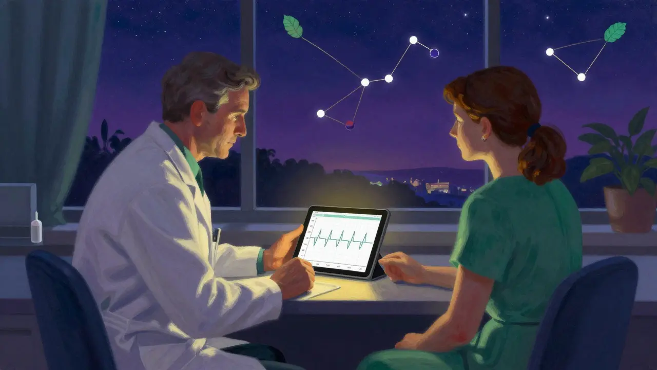 Dottore e paziente che controllano i valori INR in una stanza serale