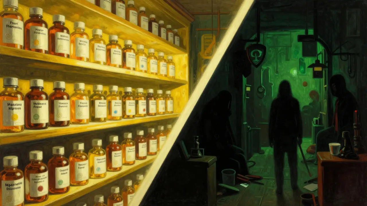 Farmacia sicura vs truffa online, contrasto luce e ombra, illustrazione artistica