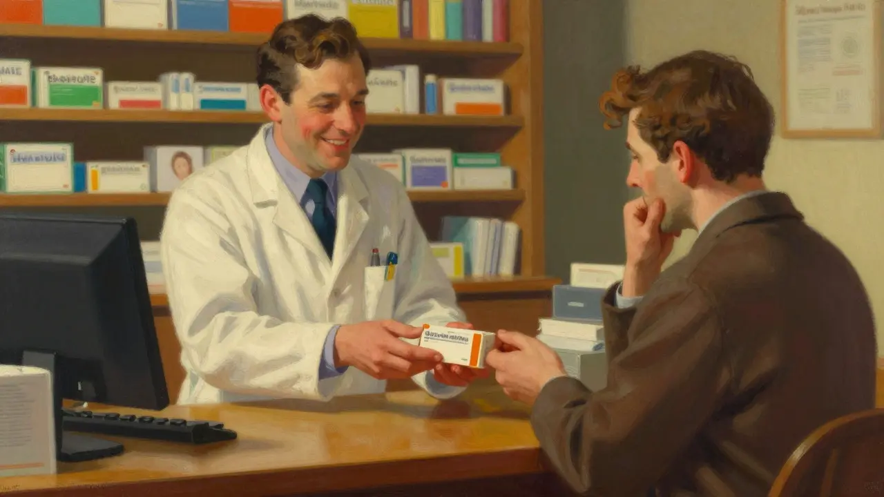 Farmacista che consegna una scatola di medicina a un cliente soddisfatto