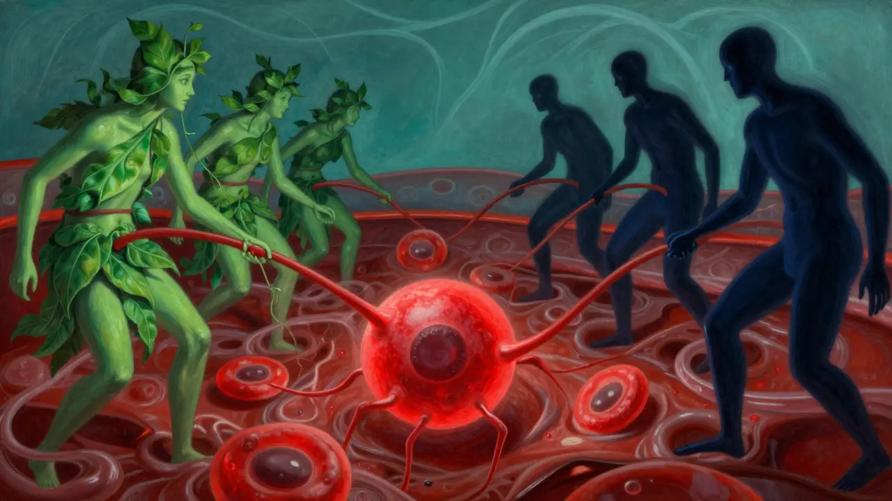 Illustrazione allegorica della lotta tra vitamina K e Warfarin nel sangue