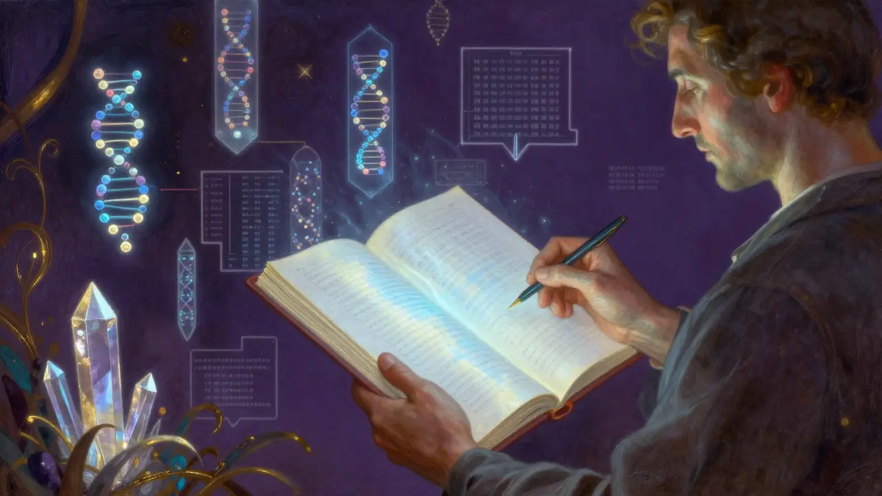 Paziente con diario luminoso e cristalli genetici, illustrazione futuristica in stile Maxfield Parrish.