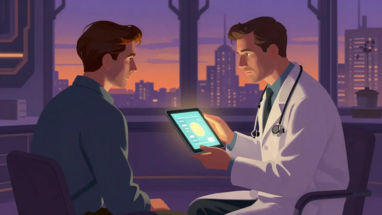 Paziente e medico con ricetta elettronica, atmosfera serale, stile Parrish