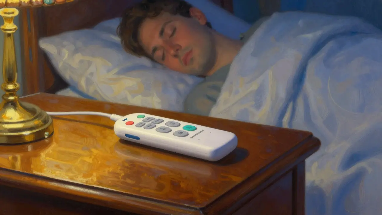 Telecomando della terapia per l'apnea su un comodino illuminato