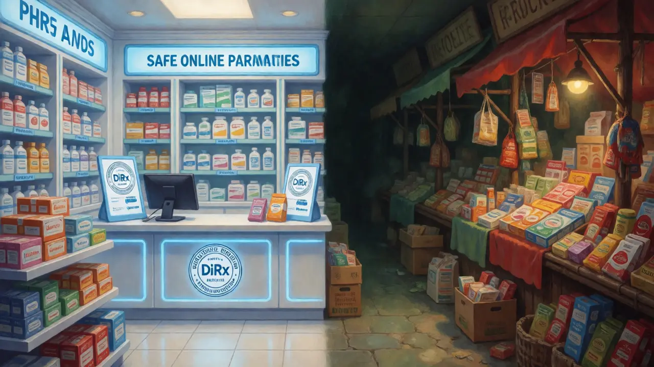 Confronto visivo tra farmacia online certificata e mercato nero